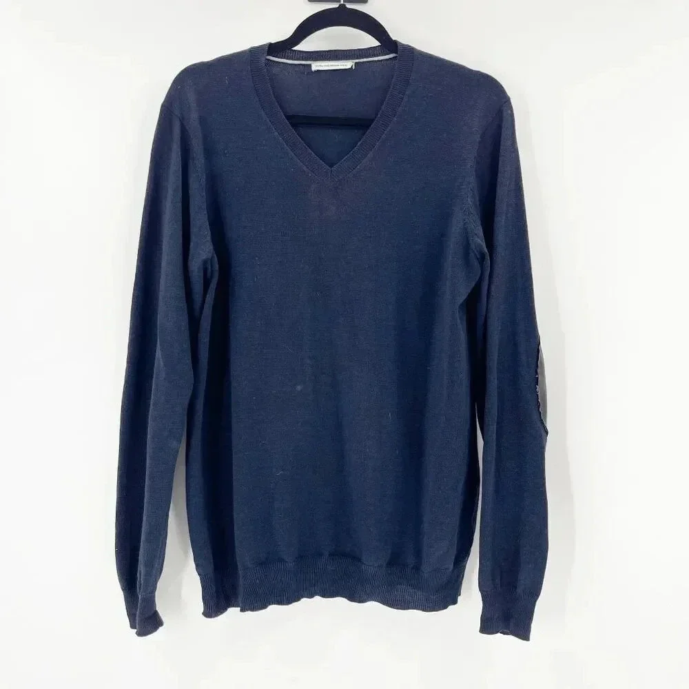 Banana Republic Mens Sweater Size‎ L Navy Blue V Neck Elbow Patch Cozy Comfy